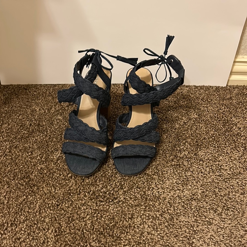 BCBGeneration woven leather, stacked heel, ankle tie sandals.